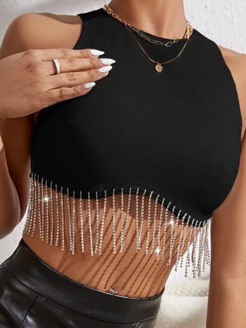 SHEIN Black Rhinestone Fringe Crop Tank